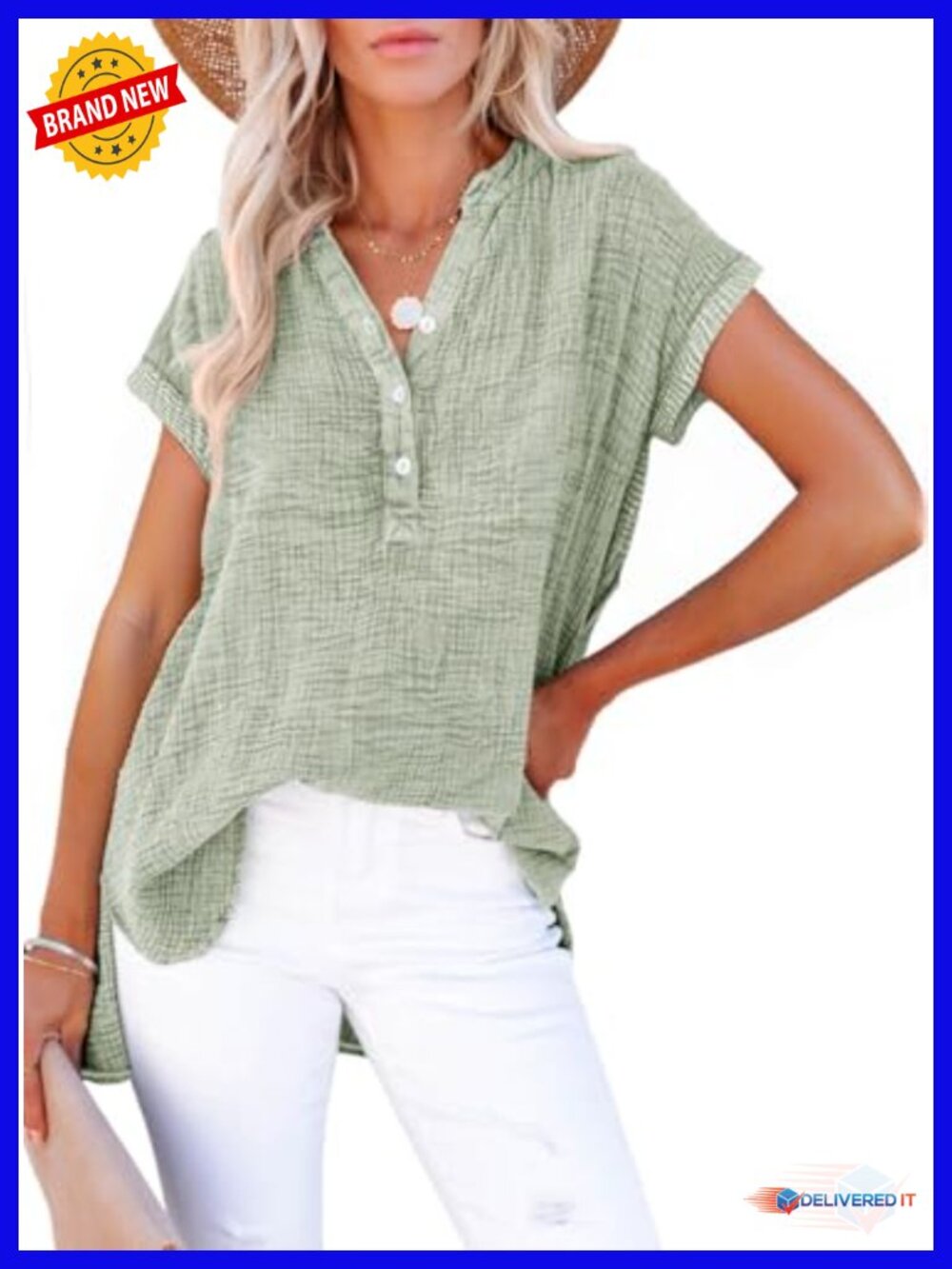 Womens Cotton V-Neck Button Front Short Sleeve Blouse